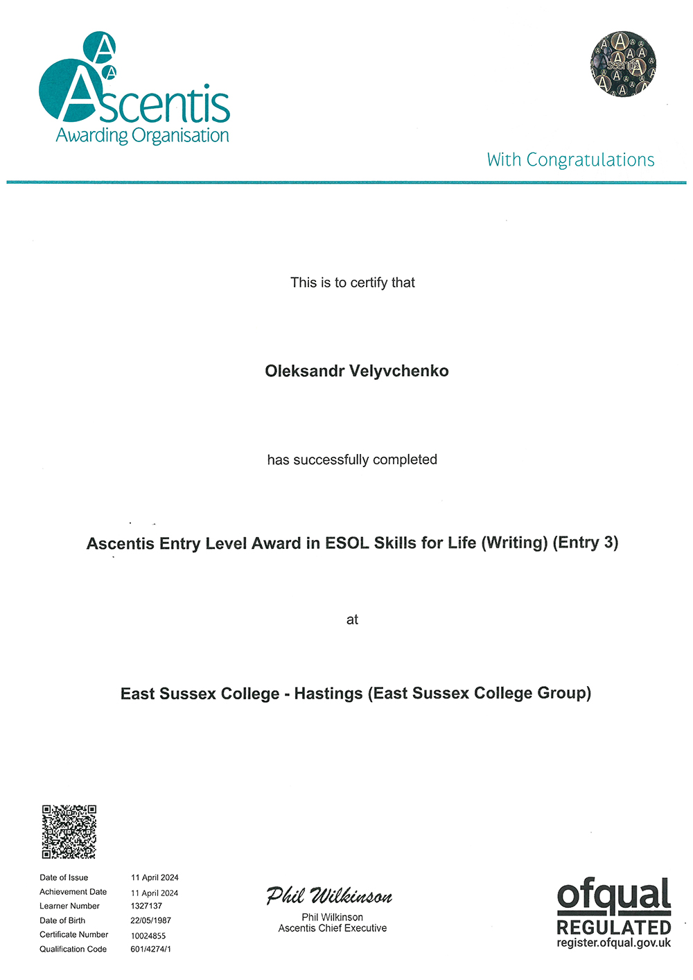 ESOL Intensive E3 East Sussex College, Hastings, UK (Writing)