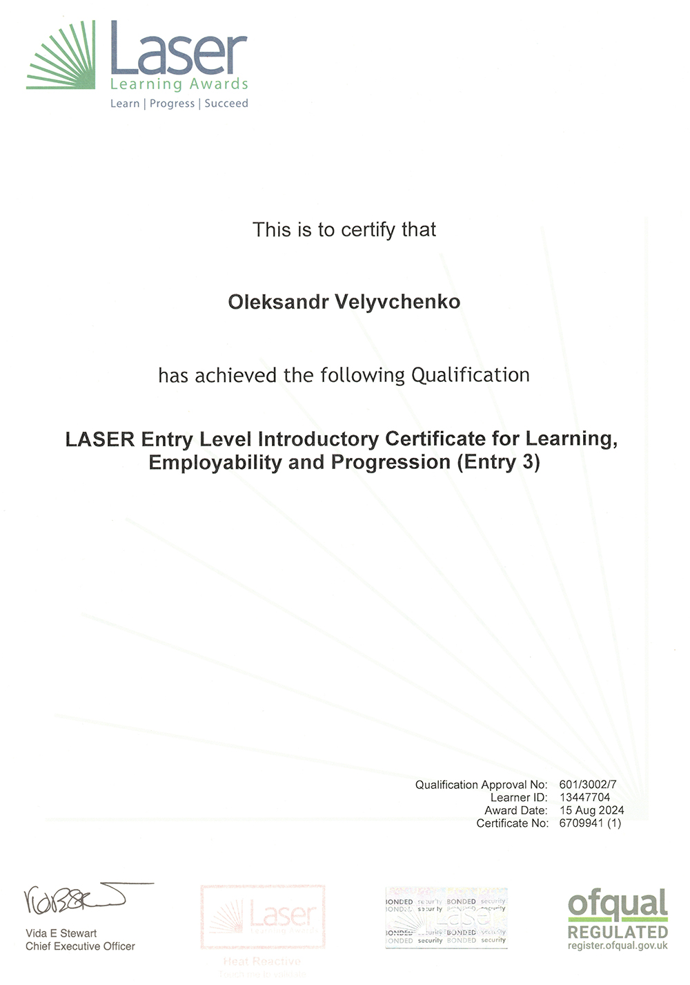 LASER Entry Level 3 Introductory Certificate for Learning, Employability and Progression