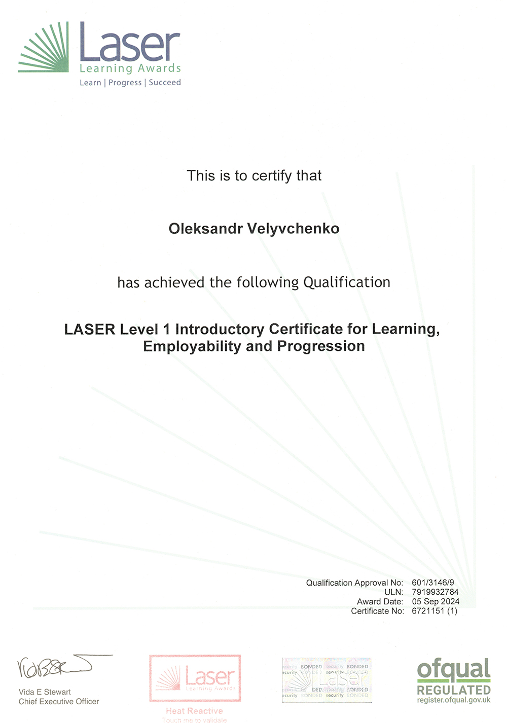 LASER Level 1 Introductory Certificate for Learning, Employability and Progression