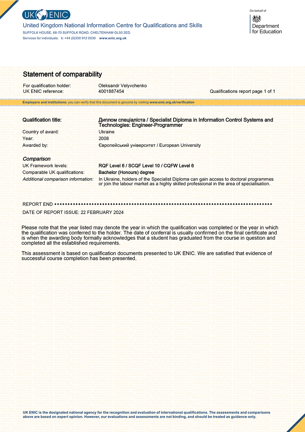 UK ENIC Statement of comparability Bachelor Honours Degree RQF Level 6 SCQF Level 10 CQFW Level 6